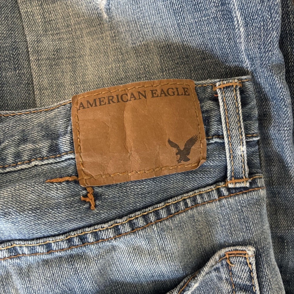 American Eagle Bootcut Jeans Mens 33x32 Blue Distressed Frayed Holes Baggy - Picture 6 of 8